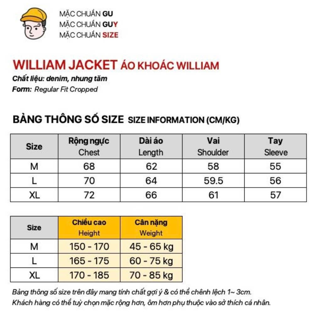 Áo Khoác William Jacket GUY's Closet - Áo Khoác Vải Bò Phối Cổ Nhung Tăm, Denim Nam Form Crop, Chất Liệu Dày Dặn,