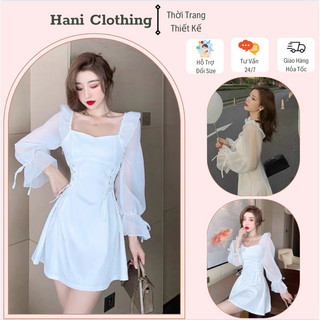 váy trắng tiểu thư cổ vuông dự tiệc siêu xinh-hàng cao cấp-đầm trắng tay dài dáng xoè đan eo chụp ảnh kỷ yếu đẹp