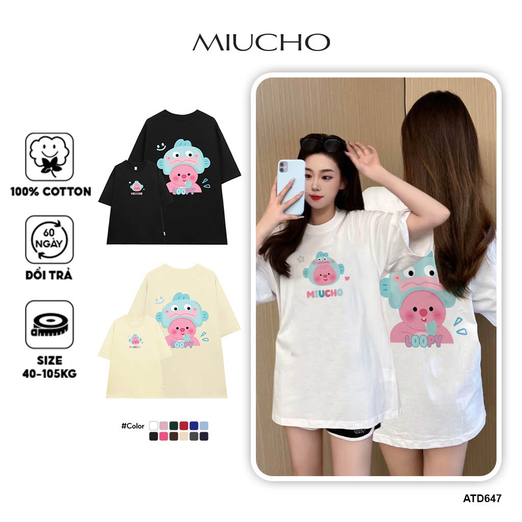 Áo thun Loopy Hải Ly form rộng ATD647 Miucho cotton cổ tròn in artwork