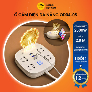 Ổ cắm điện đa năng 2500W chống giật an toàn HOTECH tích hợp đèn ngủ gá kê điện thoại và 3 cổng USB tiện dụng OD04-05H