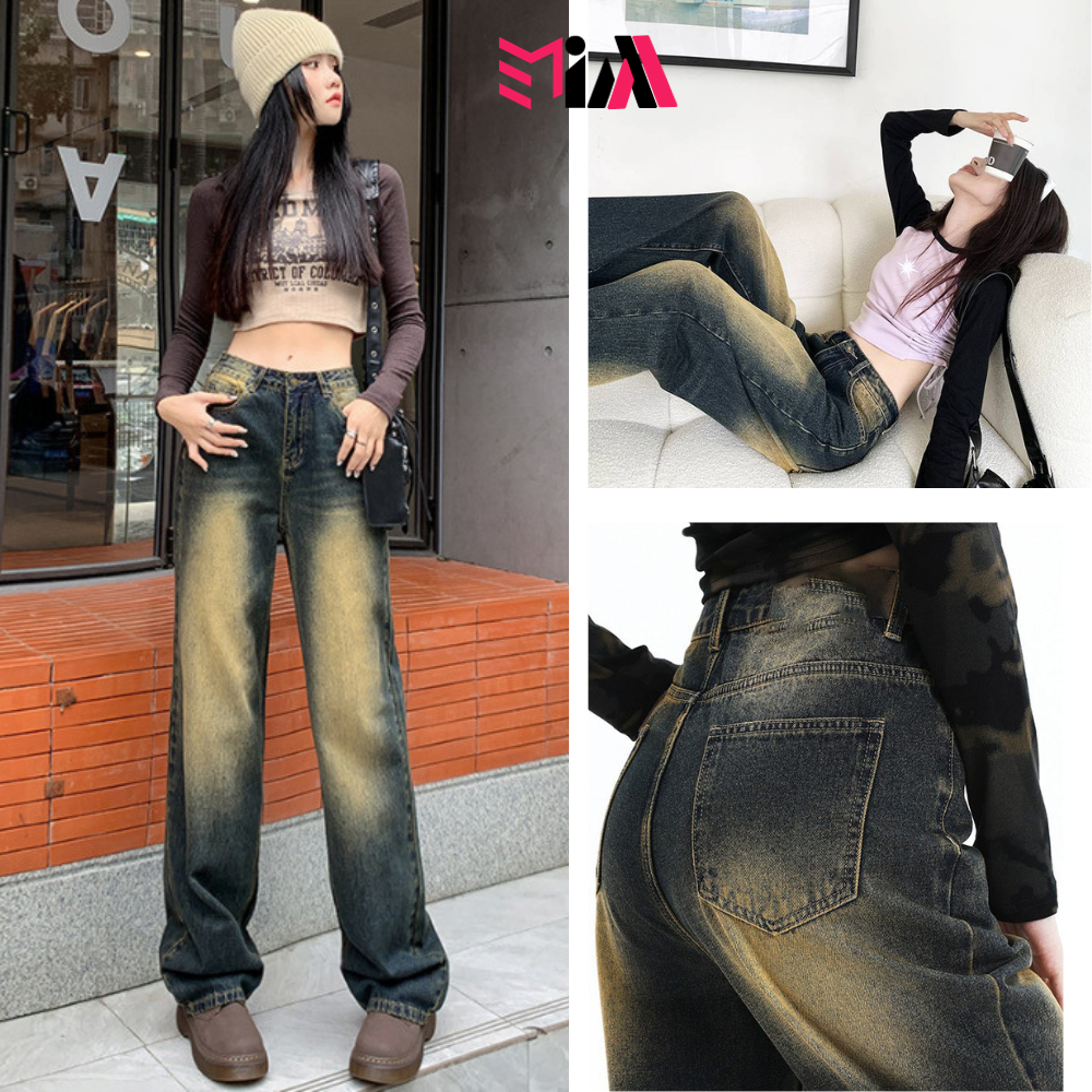 Quần jean suông nam nữ RETRO 2 màu Xanh, Đen ống rộng baggy cạp cao, Quần bò nam nữ dáng suông xu hướng MIAA