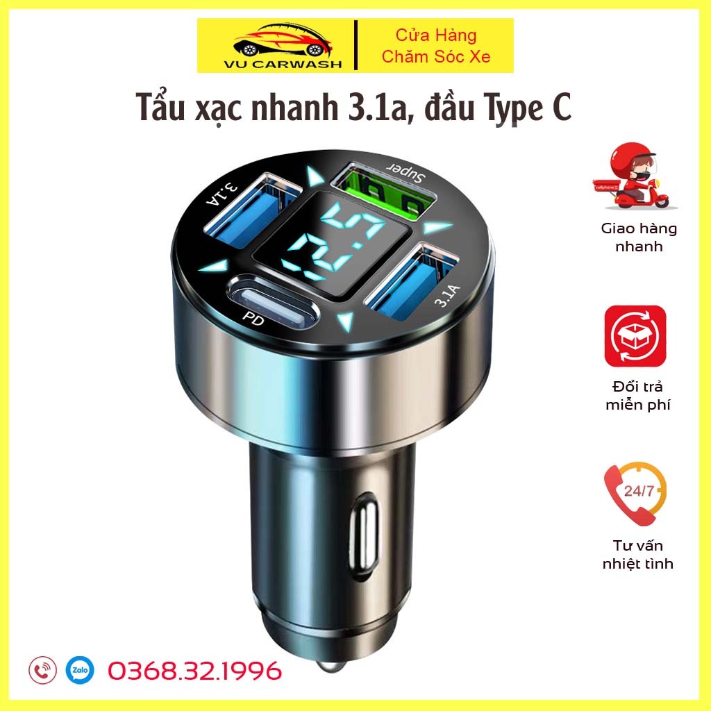 Tẩu Sạc Nhanh 4 Cổng 66W PD Type-C QC3.1A Thông Minh Cho Xe Hơi