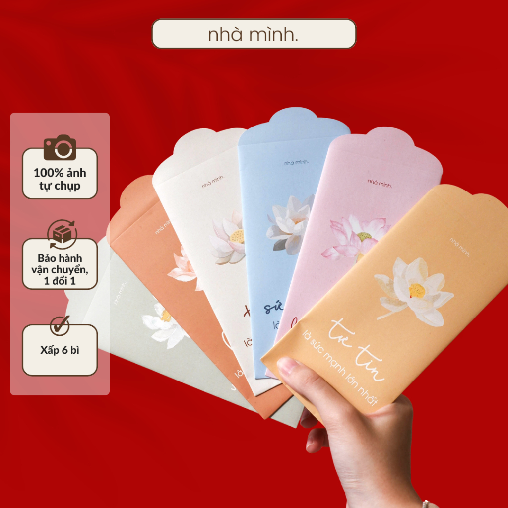 Bao Lì Xì Tết 2024 Nhà Mình, Xấp 6 Bì Lì Xì Hoa Sen Chúc Tết Bình An, Bì Lì Xì Lớn 16×8cm