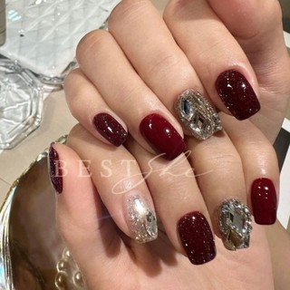 Nail box thiết kế, mẫu đỏ form ngắn, gắn đá, Nail Hàn