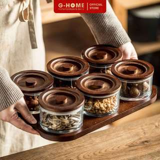 Khay mứt Tết chất liệu gỗ hũ trong suốt nắp tròn Ghome khay đựng mứt kẹo ngày Tết sang trọng bàn khách KM24M7