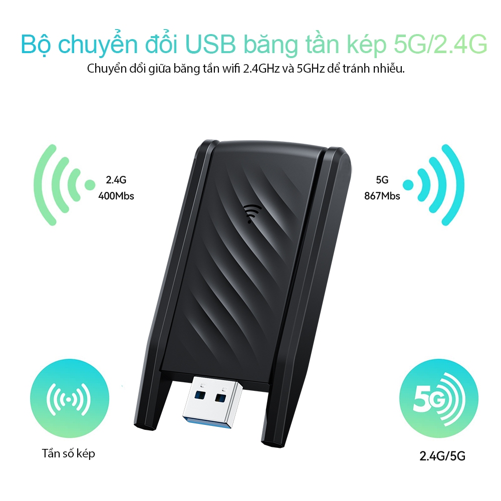 USB Thu Sóng wifi Goojodoq 1300mbps USB 3.0  2 Râu Kết Nối Mạng Không Dây 2.4G+5G Bộ Thu Phát WiFi Cho Máy Tính | BigBuy360 - bigbuy360.vn