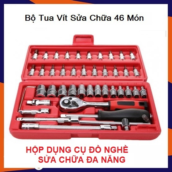 Hộp Đồ Nghề Dụng Cụ Sửa Chữa Đa Năng 46 Món Mạ Inox, Hộp Dụng Cụ Cầm Tay Bộ Tuýp Tua Vít Sửa Chữa Gia Đình