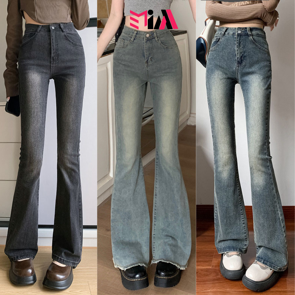 Quần jeans nữ ống loe lưng cao MIAA chất dày dặn co giãn tốt màu RETRO , quần bò ống loe nữ cạp cao ôm eo gọn chân