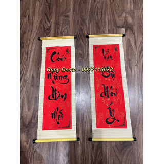 Mành tre câu đối trang trí Tết , Chữ nhũ đẹp size 25x75cm