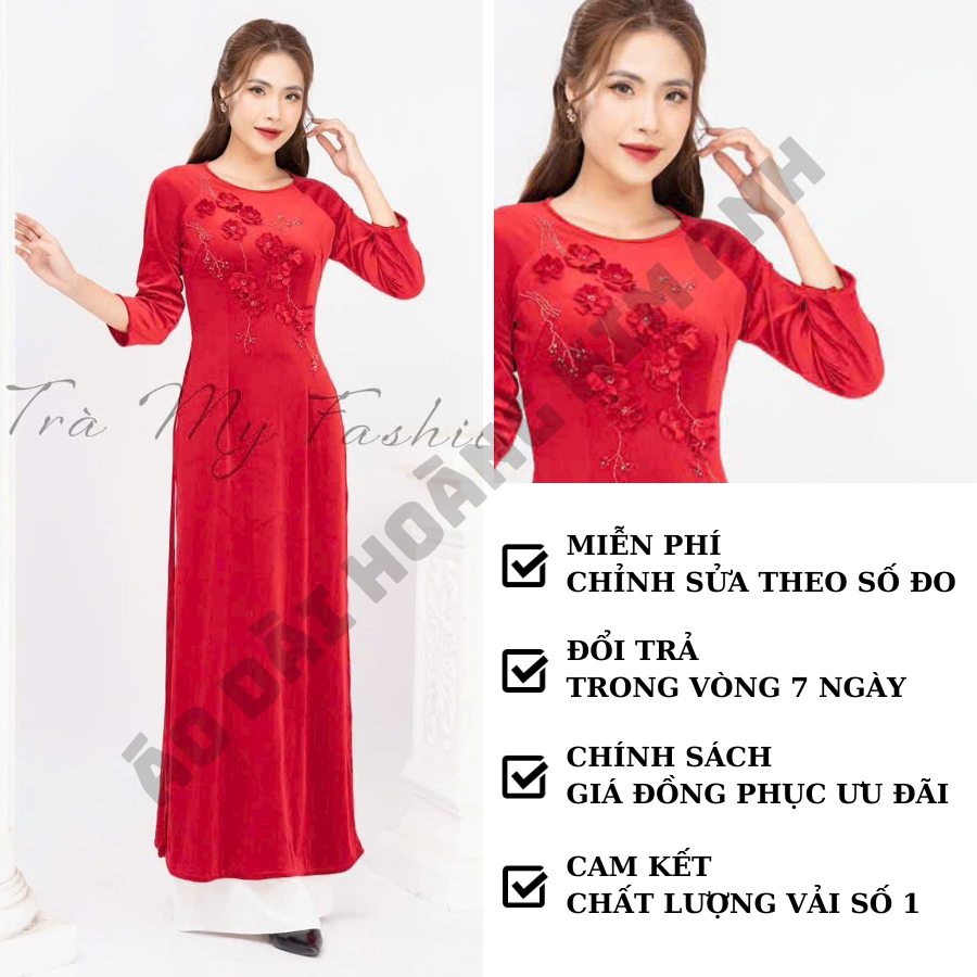 ÁO DÀI NHUNG TRUYỀN THỐNG CỔ TRÒN ĐÍNH HOA SANG TRỌNG HÀNG THIẾT KẾ MAY SẴN KÈM QUẦN MÀU ĐỎ