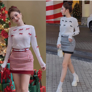 ( KÈM DÂY NỊT + Ảnh Thật ) Set Áo Len Lưới Tay Dài Đính Nơ Mix Chân Váy Dạ Tweed Kẻ Ô Có Túi Diện Noel Tết Siêu Xinh