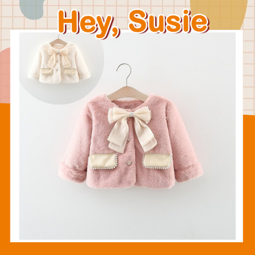 Hey Susie AK012- Áo Khoác Lông Đính Nơ Cho Bé Gái Size 8-17kg