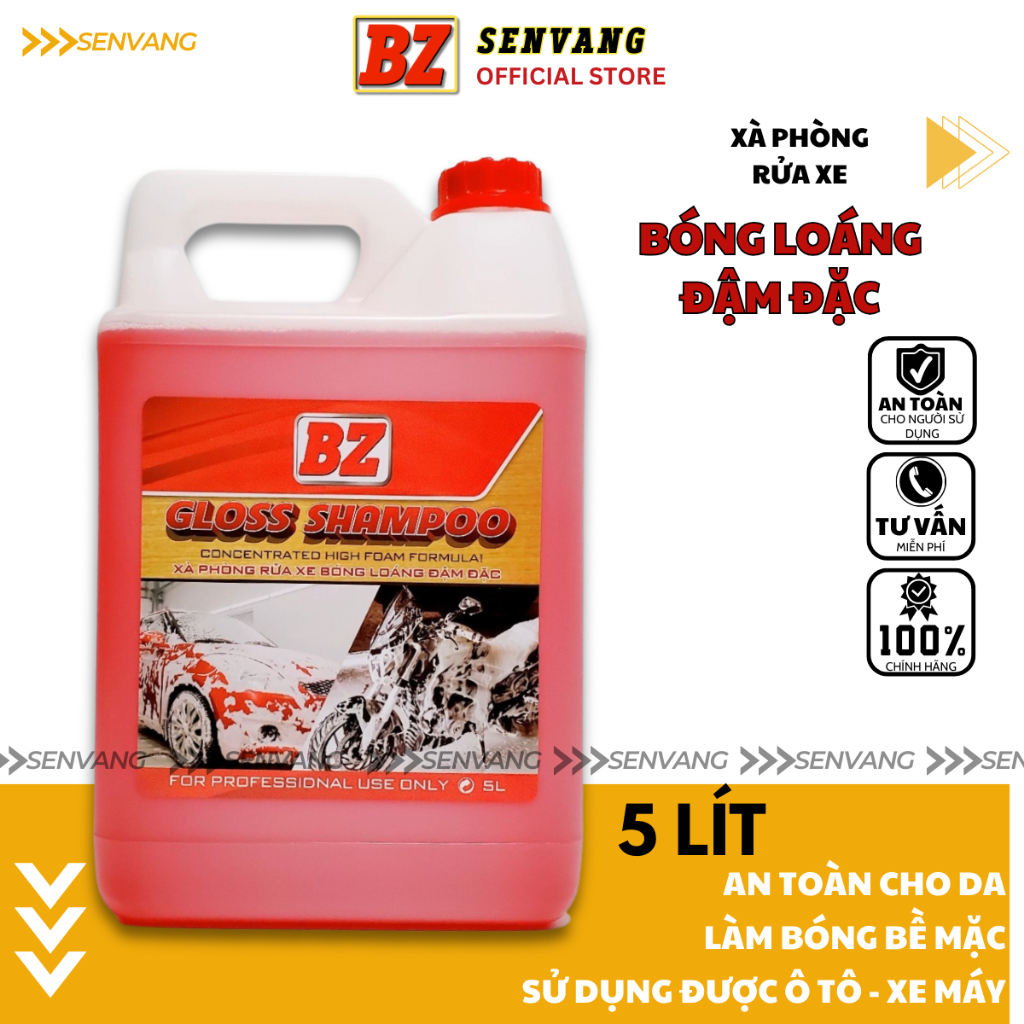 Xà bông rửa xe BZ GLOSS SHAMPOO dung tích 5 Lít: Làm sạch xe hơi, xe máy hiệu quả và bảo quản lớp sơn, siêu bọt