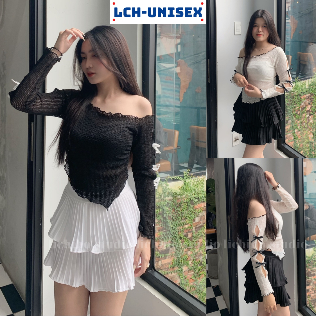 Áo lưới trễ vai sexy LCH áo ren tay dài đính nơ áo kiểu vạt nhọn có lớp lót an toàn