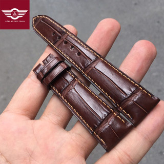 Dây da đồng hồ cá sấu handmade khâu tay cao cấp màu nâu cafe chỉ vàng