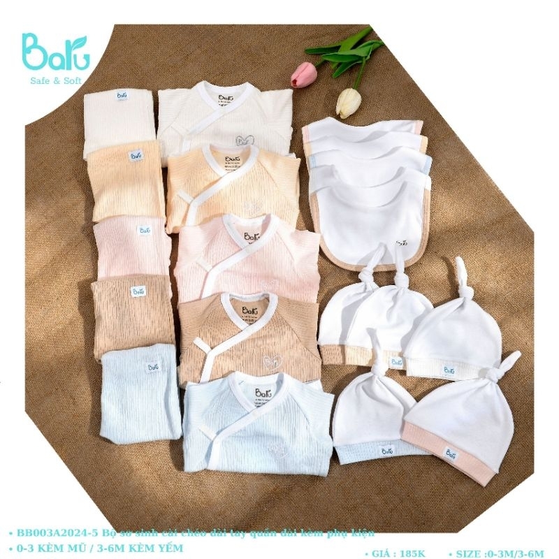 Baru baby - Bộ sơ sinh liền tay, tất chân liền kèm mũ chất vải bamboo