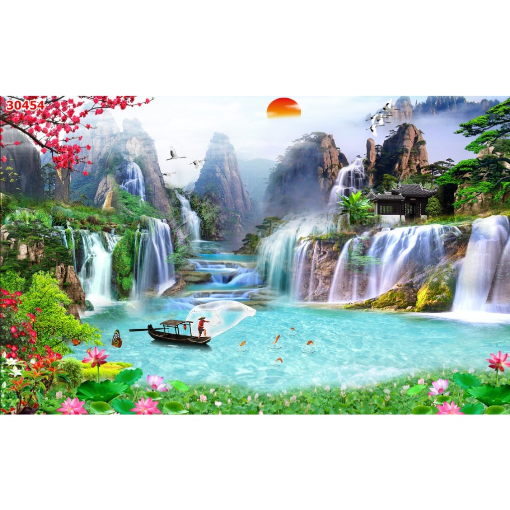 Tranh SƠN THUỶ 3d thác nước chảy rừng cây trong lành