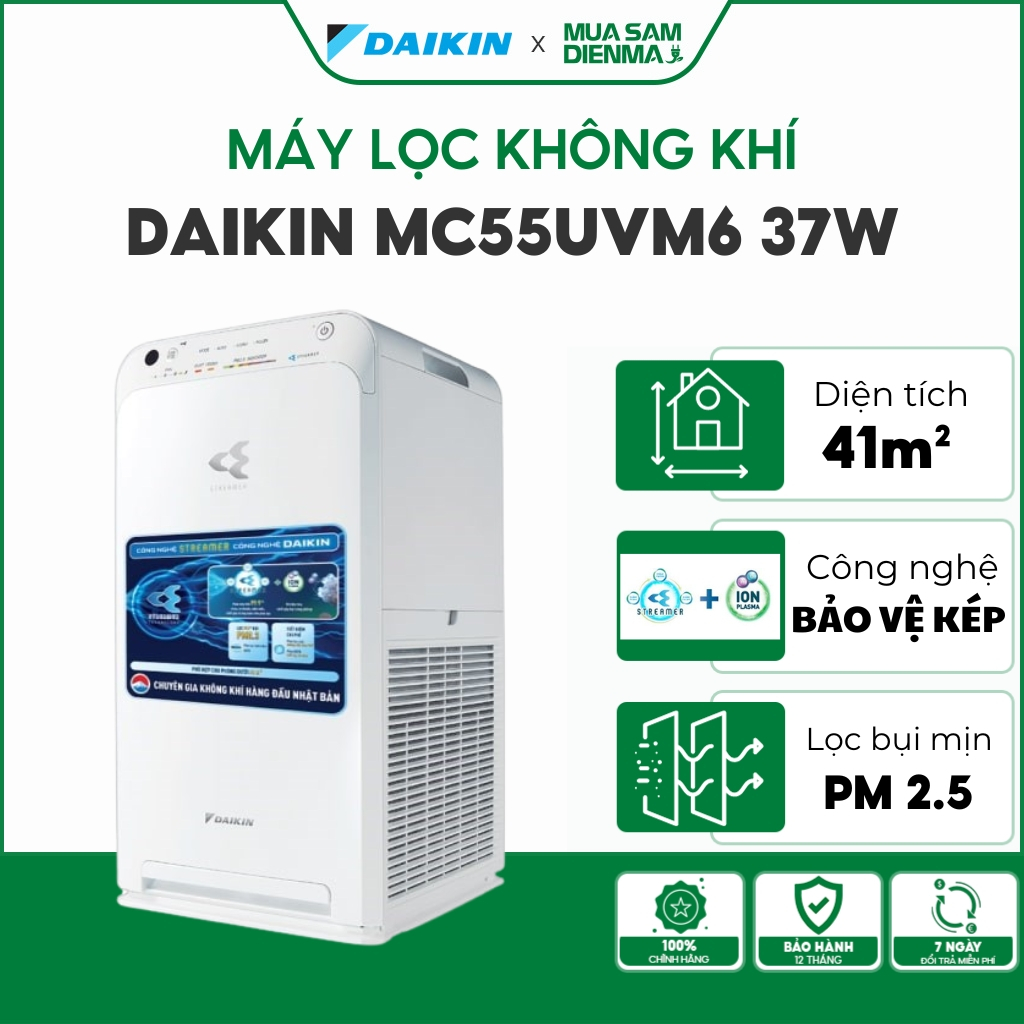 Máy lọc không khí DAIKIN MC55UVM6 | Lọc không khí Daikin MC55UV màu trắng cho phòng 41m2 | Hàng chính hãng