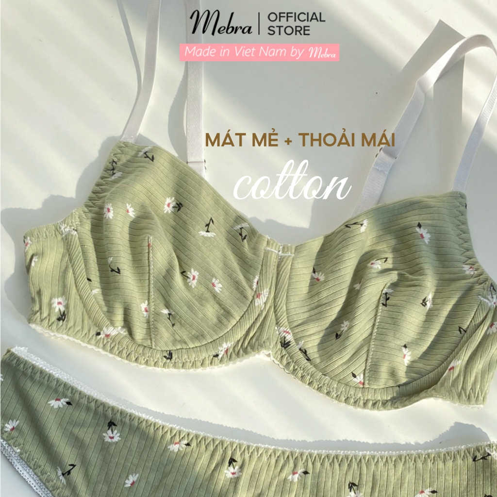 DORIS| Set Đồ Lót Cotton Gân Nữ Có Gọng Dày Dặn Không Lộ Xanh Đậm Hoa Nhí Trắng Mát Mẻ Mùa Hè Mebra