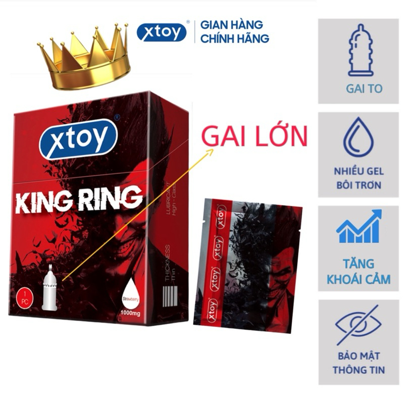 Bao cao su gai XTOY KING RING gai lớn, bcs siêu bi gai, nhiều gel bôi trơn, hương dâu