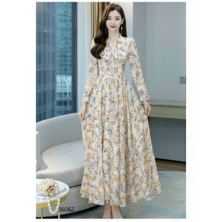 Đầm Xòe Maxi Voan Hoa Dài Tay Phong Cách Công Sở XRT0094