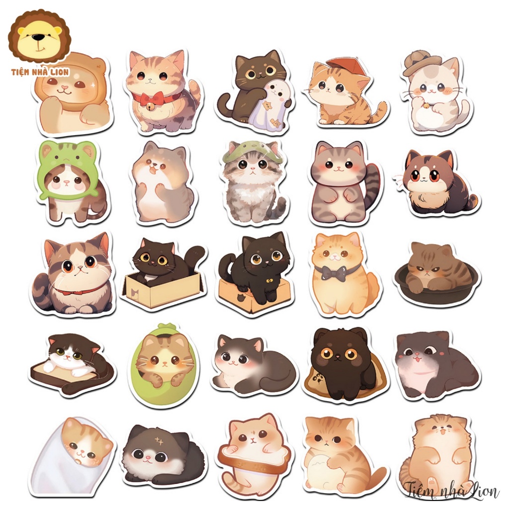 Sticker PVC chống thấm SET 50 MIẾNG chủ đề Các Chú Mèo Đáng Yêu  Dùng để trang trí laptop, vali,..