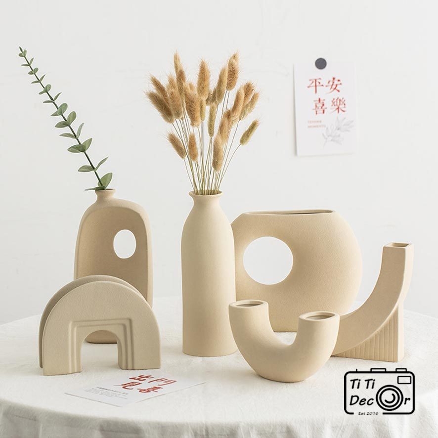 Bình hoa gốm Minimalist TiTi Decor phong cách tối giản, Bình gốm trắng trang trí phong cách Hàn Quốc