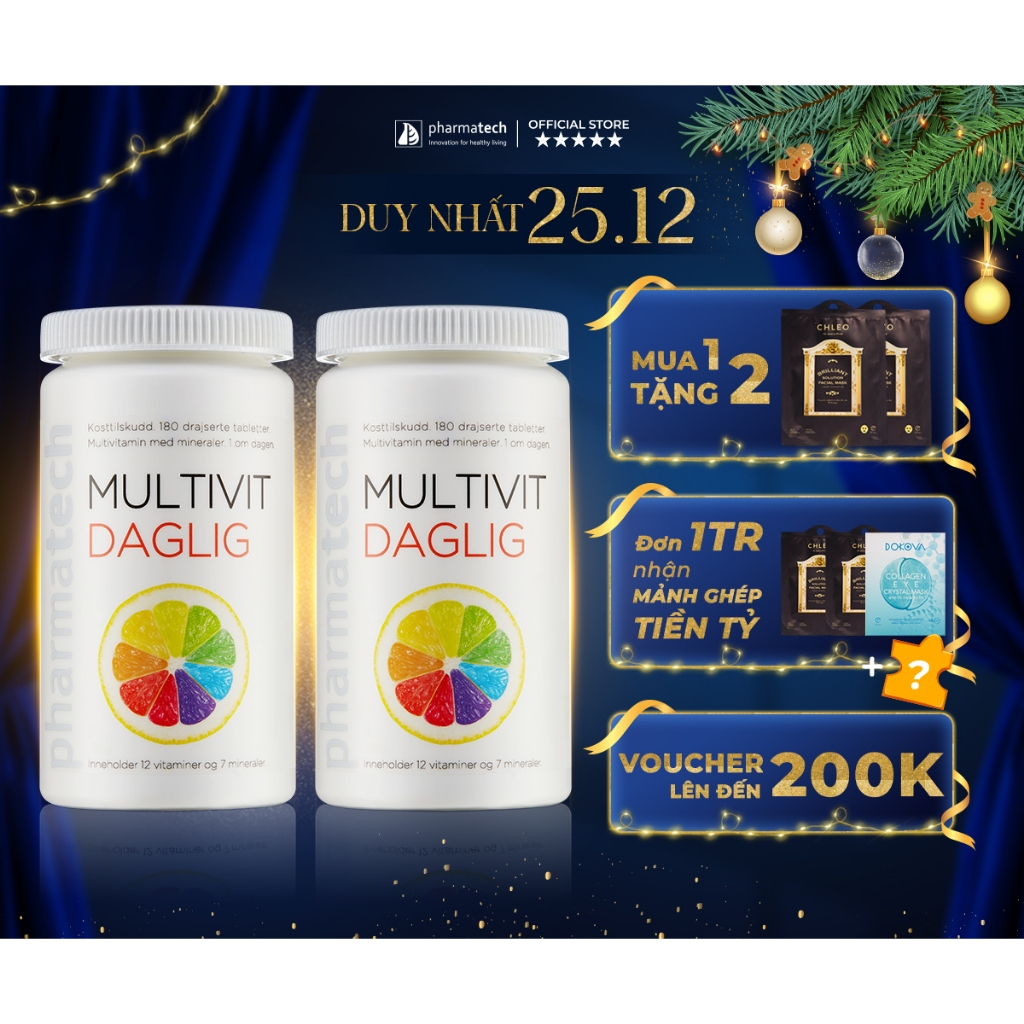 Combo 2 Hộp Viên Uống Bổ Sung Vitamin Và Khoáng Chất PHARMATECH MULTIVIT DAGLIG 180 Viên