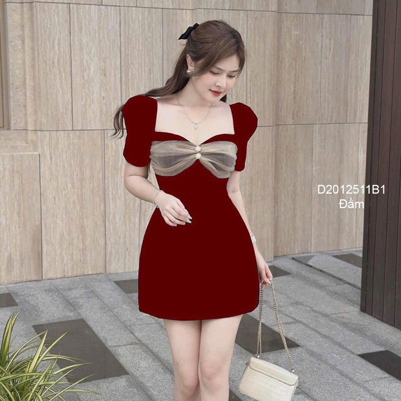 Đầm xòe tay phồng ngực phối lưới, váy xòe nơ lưới sang trọng VIENS STORE