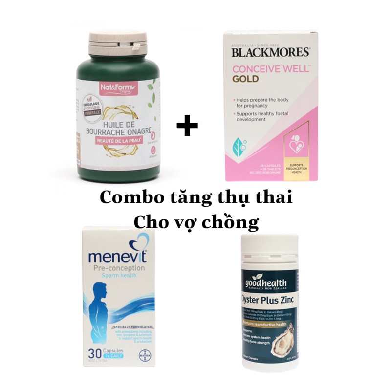 Combo tăng Thụ Thai 4 sp (Menevit+Hàu Oyster Plus zin c +Bổ trứng Blackmores+Tinh dầu hoa anh thảo P