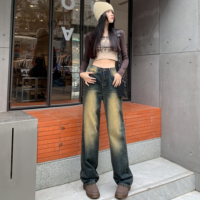 Quần jean nữ ống suông rộng màu RETRO cá tính năng động MIAA , quần bò jeans  ống rộng nữ đen phong cách