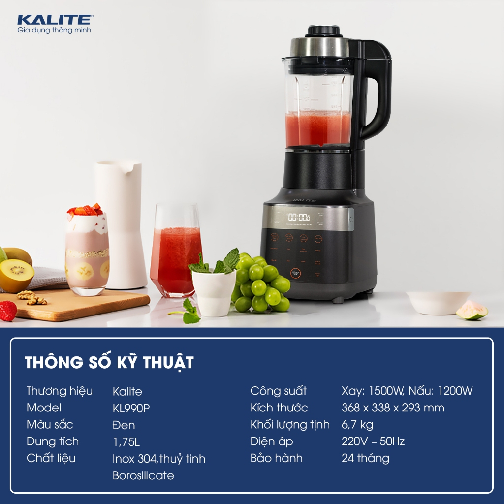 MÁY LÀM SỮA HẠT KALITE KL990P - DUNG TÍCH 1,75L - CÔNG SUẤT 2700W - HÀNG CHÍNH HÃNG - BẢO HÀNH 24 THÁNG