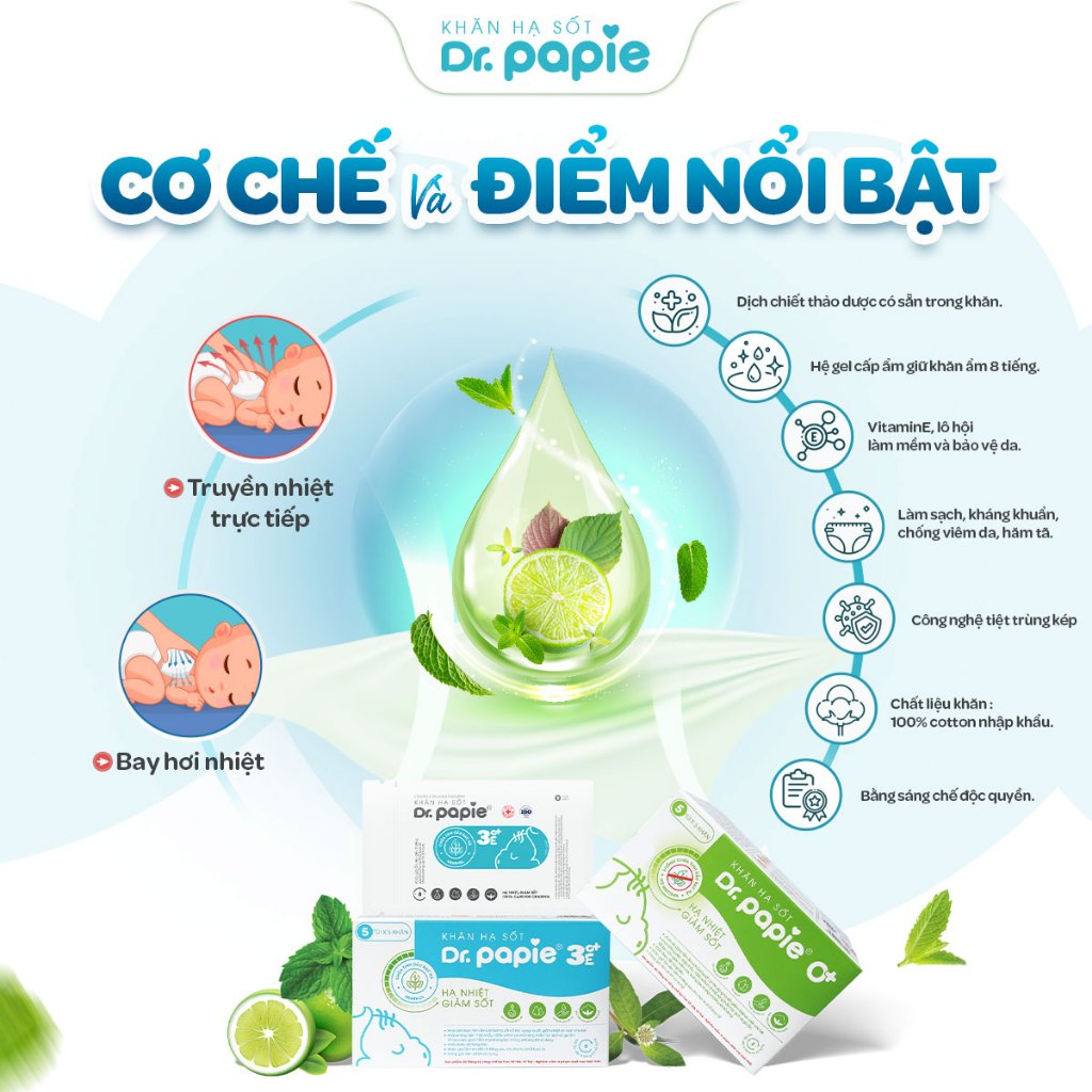 Combo 3 Khăn Lau Hạ Sốt 3+ Dr Papie Thải Nhiệt Hạ Sốt Chuẩn Nhi Khoa, Ngăn Ngừa Co Giật Cho Bé Hộp 5 Gói x 5 Khăn/Gói