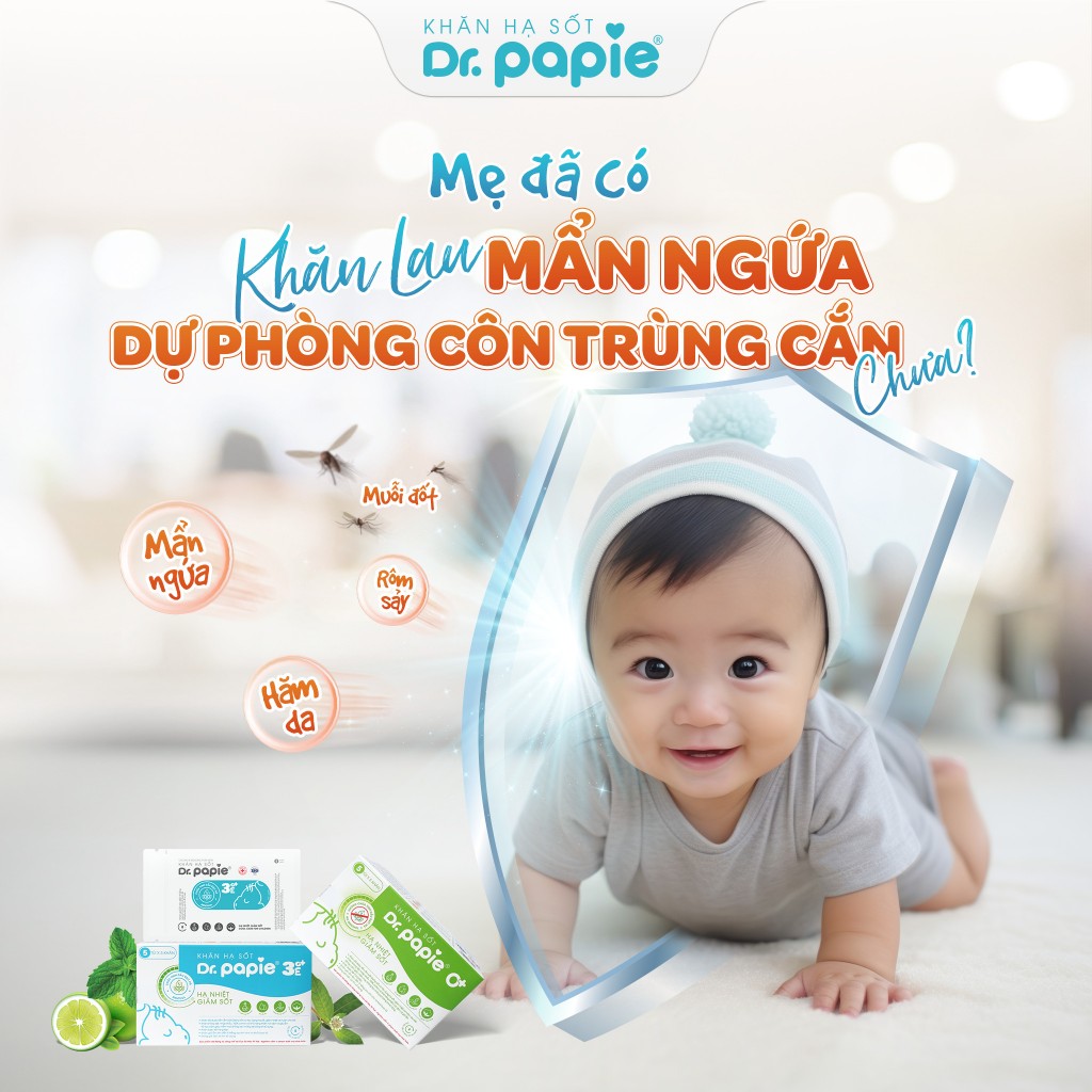 Combo 3 Khăn Lau Hạ Sốt 3+ Dr Papie Thải Nhiệt Hạ Sốt Chuẩn Nhi Khoa, Ngăn Ngừa Co Giật Cho Bé Hộp 5 Gói x 5 Khăn/Gói