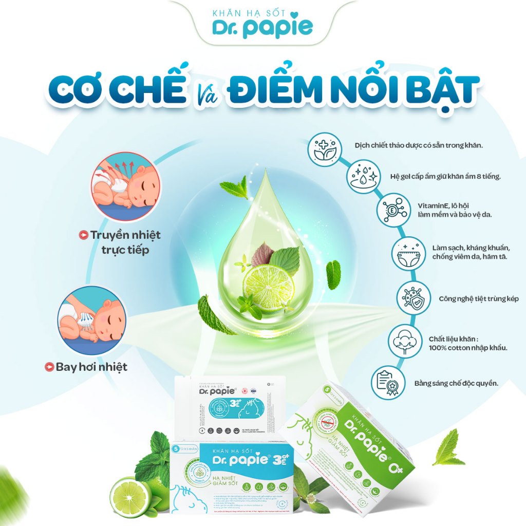 Combo 2 Khăn Lau Hạ Sốt 0+ Dr Papie Thải Nhiệt Hạ Sốt Chuẩn Nhi Khoa, Ngăn Ngừa Co Giật Cho Bé Hộp 5 Gói x 5 Khăn/Gói x2