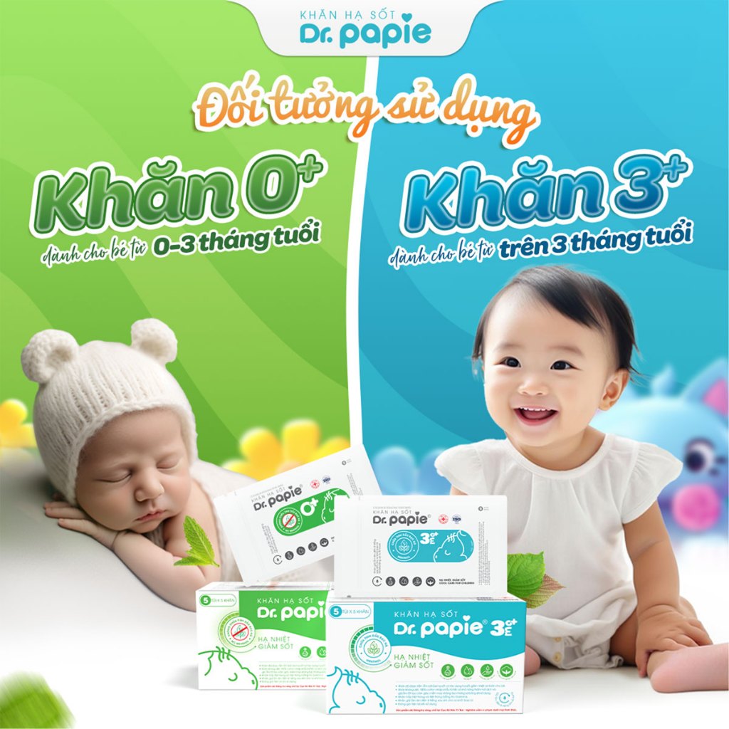 Combo 2 Khăn Lau Hạ Sốt 0+ Dr Papie Thải Nhiệt Hạ Sốt Chuẩn Nhi Khoa, Ngăn Ngừa Co Giật Cho Bé Hộp 5 Gói x 5 Khăn/Gói x2