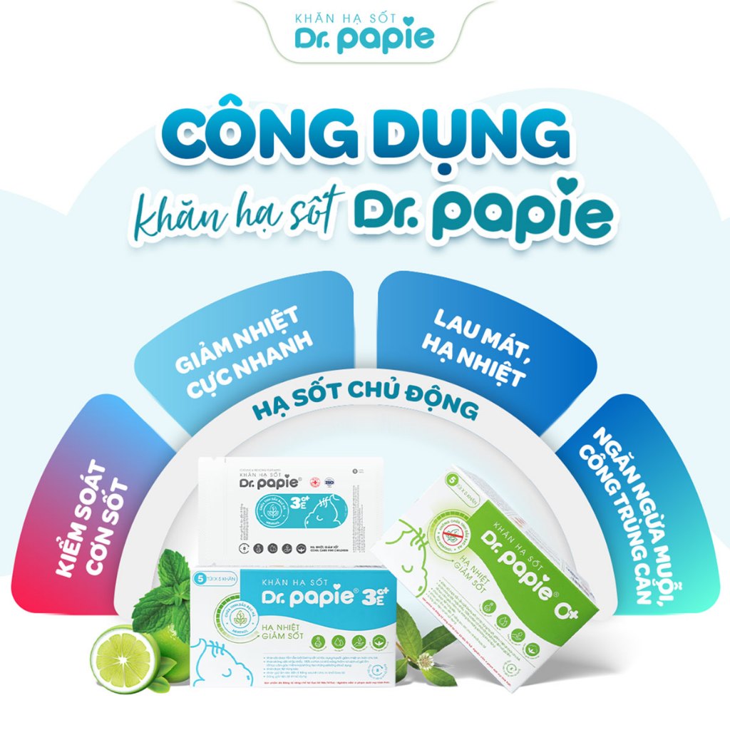 Combo 3 Khăn Lau Hạ Sốt 3+ Dr Papie Thải Nhiệt Hạ Sốt Chuẩn Nhi Khoa, Ngăn Ngừa Co Giật Cho Bé Hộp 5 Gói x 5 Khăn/Gói