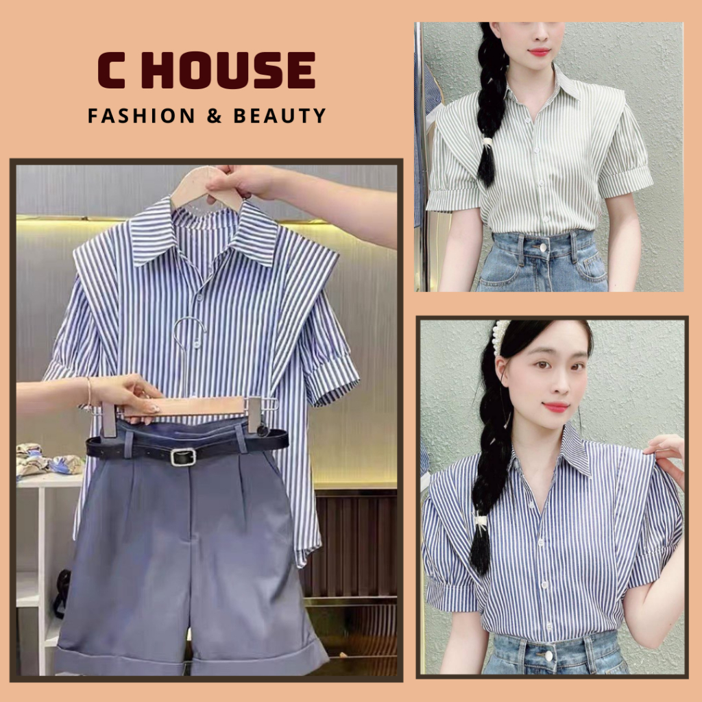 Áo SoMi Thiết kế Lamo Design Áo sơ mi nữ hàn quốc vải sọc cotton kiểu vat vai trẻ trung_B1157