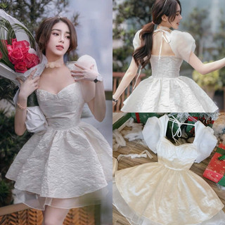 Đầm gấm trắng 2 dây đan eo