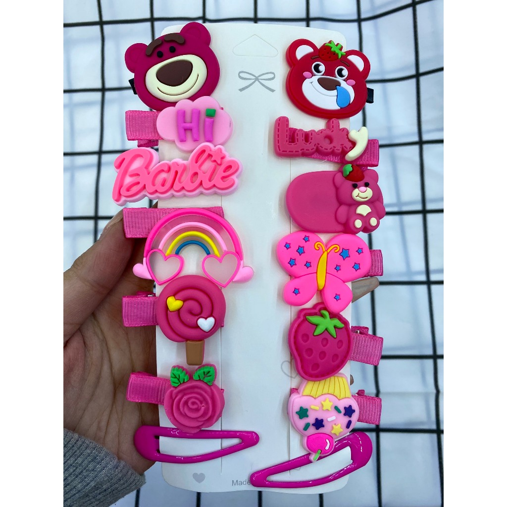 Set 8 Kẹp Tóc Hình Gấu / Dâu Tây Bằng Lông Nhung Dễ Thương Xinh Xắn Thời Trang  Cho Bé