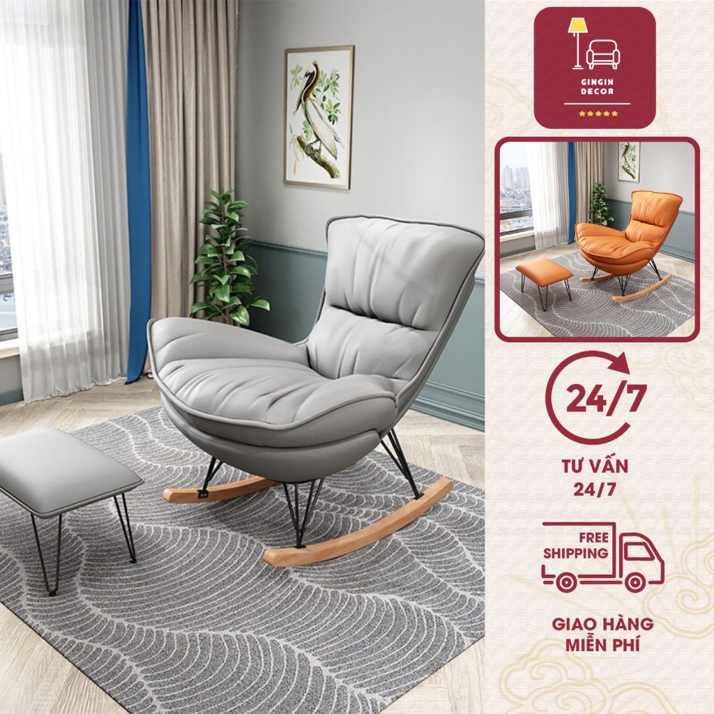 Ghế bập bênh thư giãn GinGin Decor tặng kèm đôn kê chân, Ghế lười bập bênh thiết kế khung sắt dày ph
