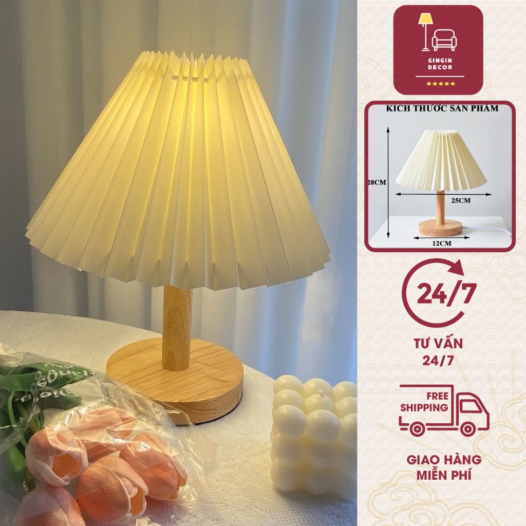 Đèn ngủ để bàn GinGin Decor chân gỗ xếp ly phong cách Hàn Quốc, Đèn ngủ xếp ly giắc cắm 2 chấu tiện lợi