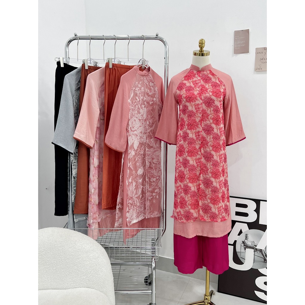 Set áo dài tứ thân cổ trụ tay lỡ Ảnh thật/Sẵn