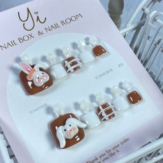 Móng chân giả, K31, nailbox thiết kế, sơn gel nâu kết hợp gel nặn gắn charm thỏ (tặng kèm keo dũa)