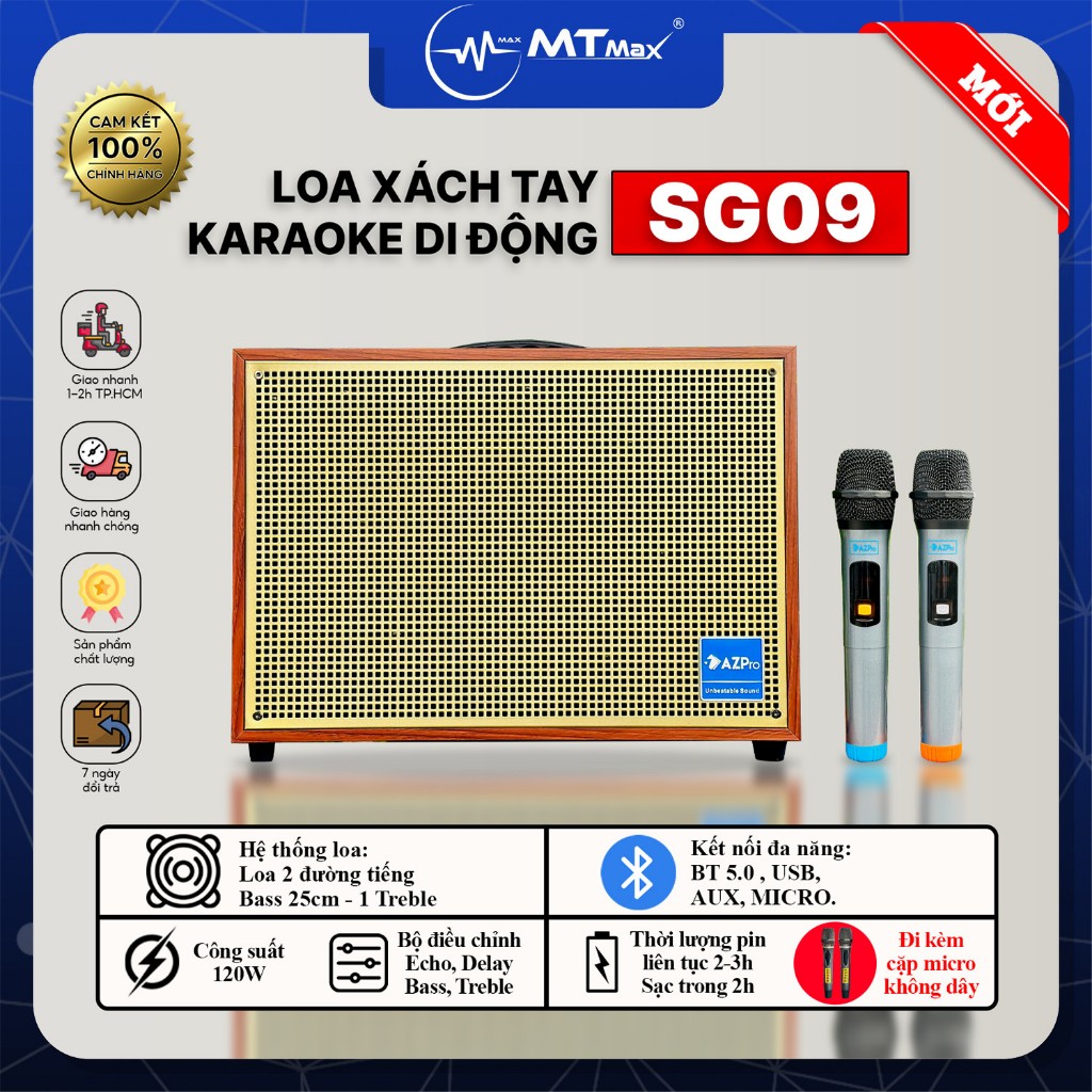 Loa Bluetooth Di Động AZPro SG09 - Loa 2 Đường Tiếng Bass25 Siêu Trầm Âm Thanh Mạnh Mẽ Vô Đối Đi Kèm 2 Micro Không Dây