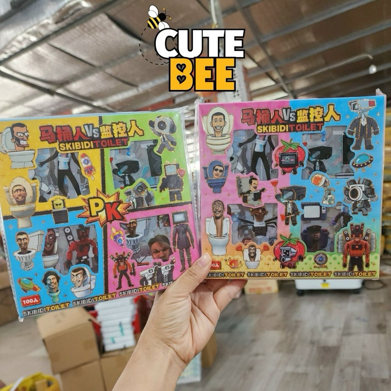 Hộp 100 tấm sticker Skibidi Toilet có 1000 hình dán cắt sẵn, chống thấm nước Đồ Chơi CUTEBEE