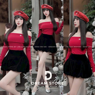 Sét Áo Trễ Vai Mix Quần Nhung Sang chảnh Hàng Chuẩn mẫu mặc