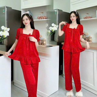 Bộ ngủ mặc nhà chất lụa satin tay ngắn quần dài phối nơ