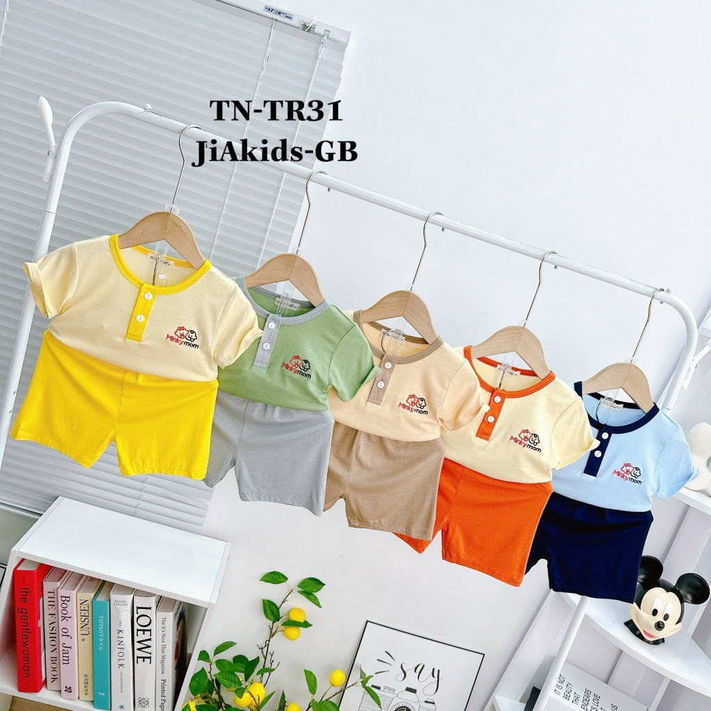 Bộ Cộc Tay THUN LẠNH MINKY MOM Phối Màu Áo Quần Hình Thêu Cho Bé Đi Học Đi Chơi TN-TR31