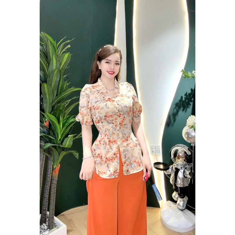 Bộ bà ba cổ tym vải lụa mango co giản nhẹ sang trọng
